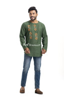 Hunter Green Khadi Cotton Men Short Kurta With Embroidery Work (KRP3) Hunter Green Khadi Cotton Men Short Kurta With Embroidery Work (KRP3)